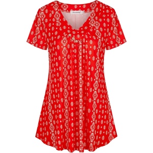 image:imageNinedaily Womens Tunic Summer Short Sleeve Top Loose V Neck Dressy Shirt BlouseRed Floral
